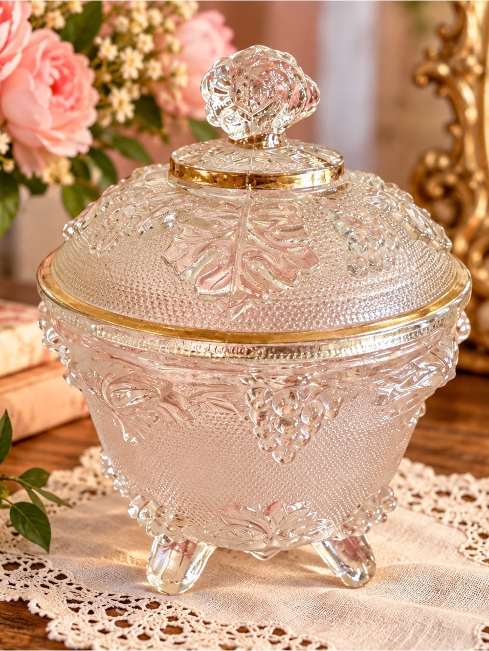 Vintage Clear Pressed Glass Covered Candy Dish Rose Finial Grape Vine Gold Trim